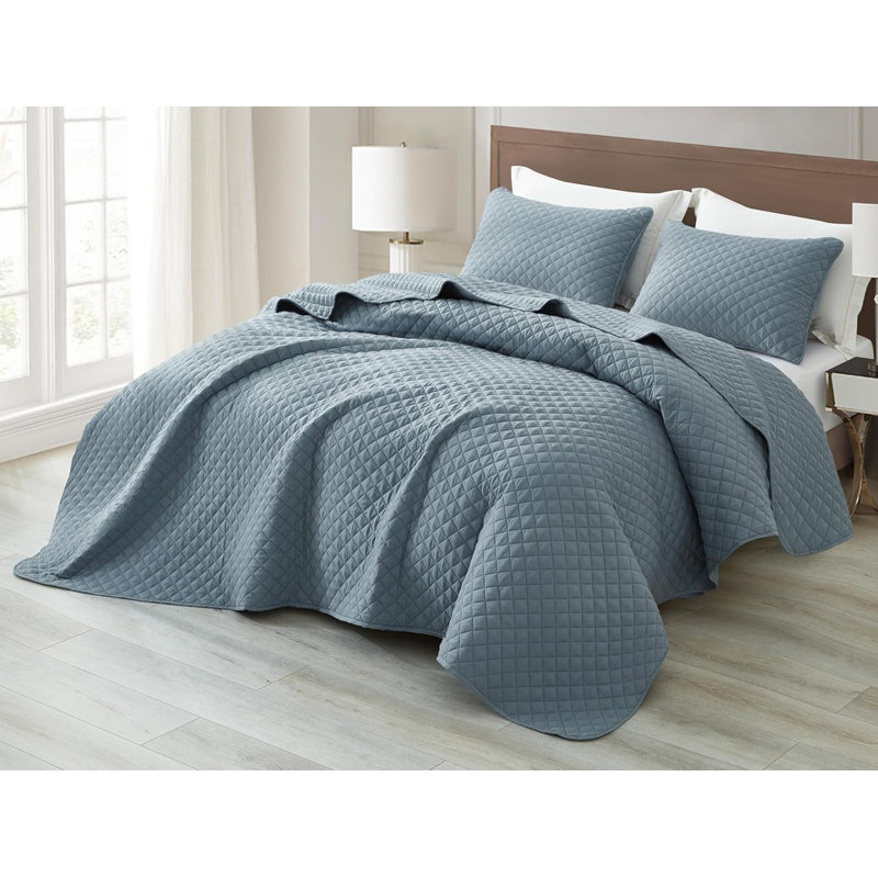 Teo Diamond Stitch Microfiber Quilt Set, King Quilt + 2 King Shams, Dusty Blue