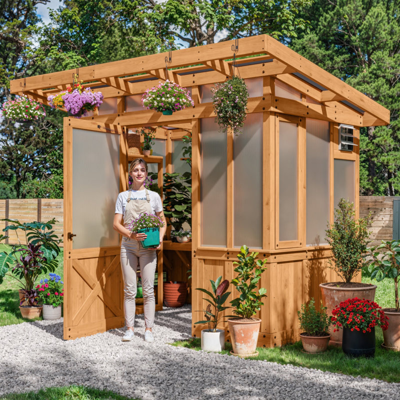 Backyard Discovery Poppy 9' x 6' Cedar Wood and Polycarbonate Walk-In Outdoor Greenhouse Kit with PowerPort