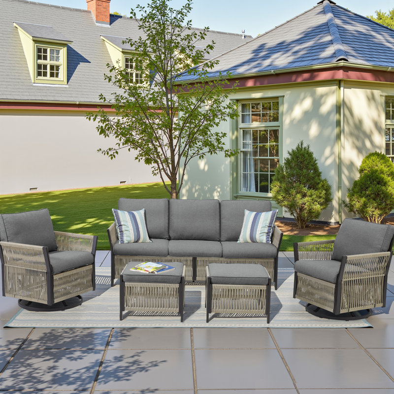 Ensemble de conversation pour patio 5 pièces, mobilier d'extérieur en osier résistant aux intempéries, Gris