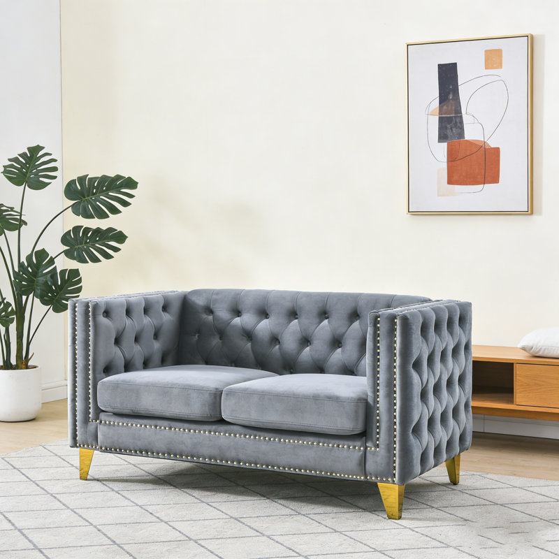 Modern Square Arm Velvet Loveseat, Button Tufted 2-Seater Sofa Couch with Sturdy Metal Legs for Living Room Bedroom, Gray