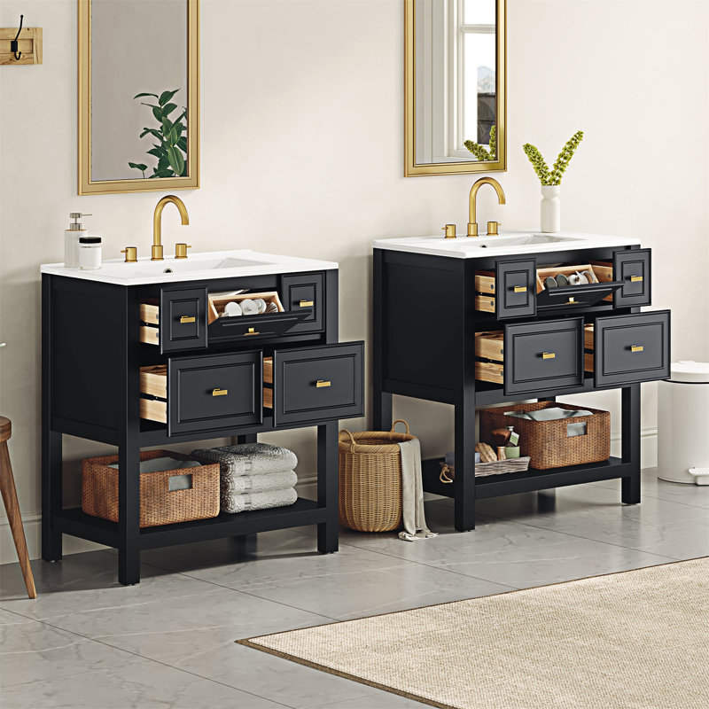 Ensemble de meuble-lavabo autoportant avec lavabo en céramique séparé, Noir