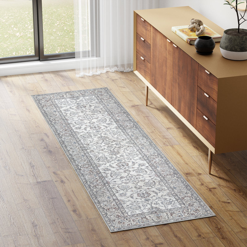  adamstown Emporia Lianne Machine Washable Traditional Border Indoor Area Rug, Ivory Gray Beige Non-Slip Chenille – Living Room & Bedroom