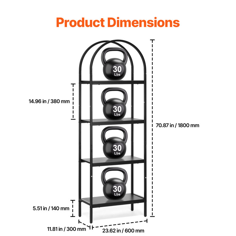 70.87" H x 23.62" W Metal Bookshelf, 4-Tier Arched Industrial Bookshelf, Small Rustic Vintage Storage Bookcase with Open Shelves, Freestanding Display Shelving Unit Storage Rack