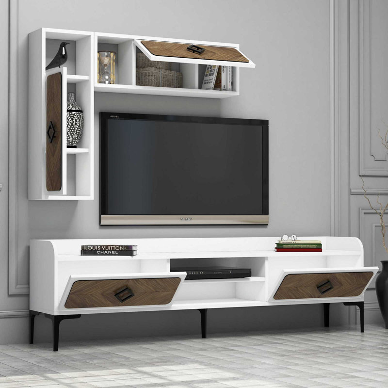 Modern Living Room Furniture Set (3 Pieces) | White & Walnut Finish | TV Unit (70.9 x 20.5 x 13.8 in), Wall Shelf (10.8 x 33.1 x 7.9 in), Coffee Table (41.3 x 13.6 x 23.6 in) | 100% Melamine Coated Particle Board | Stylish & Functional Design