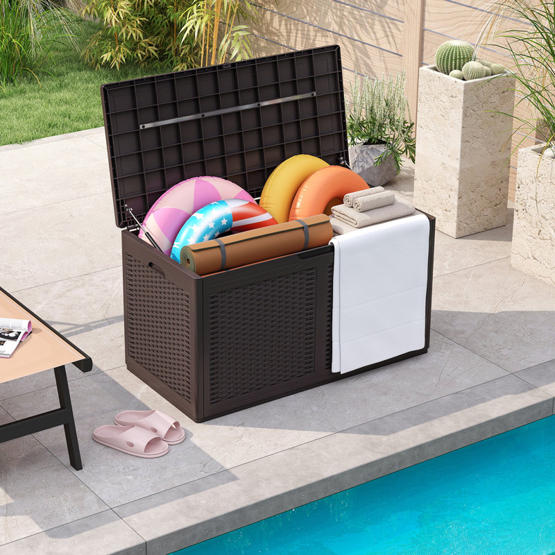 Gymax 100 Gallon Resin Deck Box w/ Lockable Lid Wheels for Pool Accessories Brown, Brown