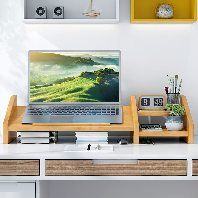Bamboo Laptop Stand For Desk 3 Heights Adjustable Notebook Stand Computer Monitor Riser With 2 Tier Storage Shelf, Desktop Organizer Printer Stand For Home Office