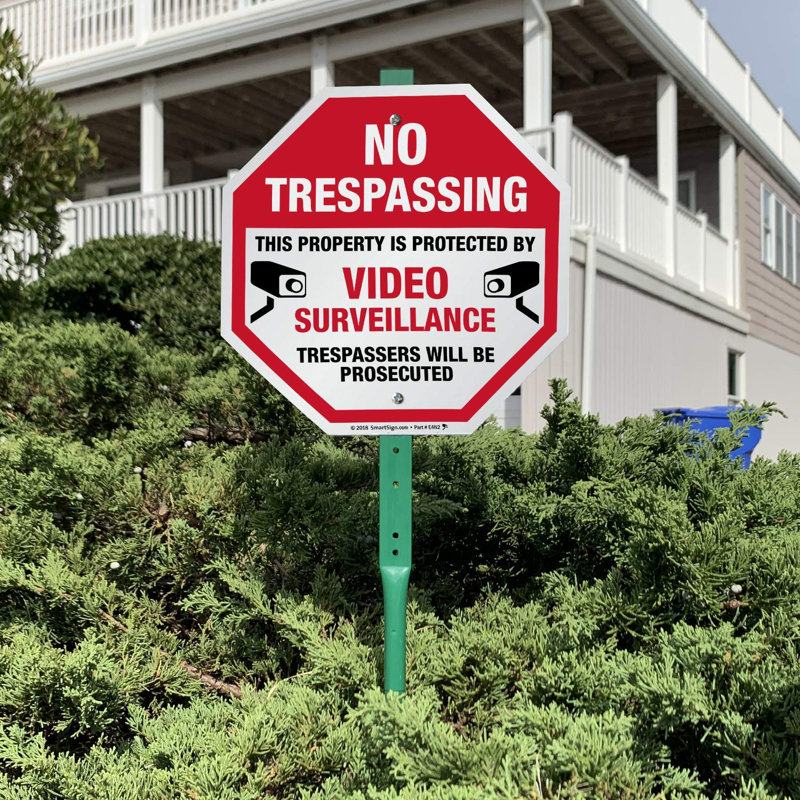 No Trespassing This Property Is Protected by Video Surveillance Trespassers Will Be Prosecuted 10" X 10" Aluminum Lawnboss Sign with 3' Stake