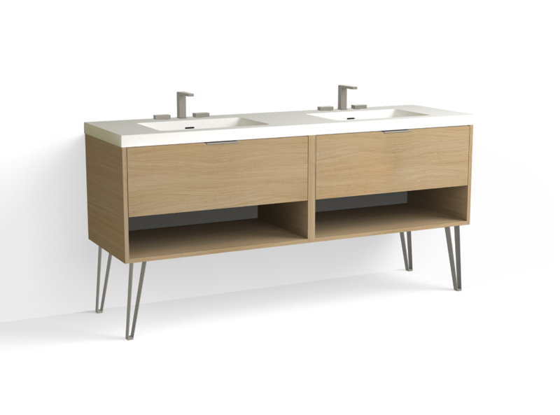 Modo 72" W Freestanding Double Bathroom Vanity with Dawson Leg, Polished Nickel, Matte White/8" Widespread, Biondo
