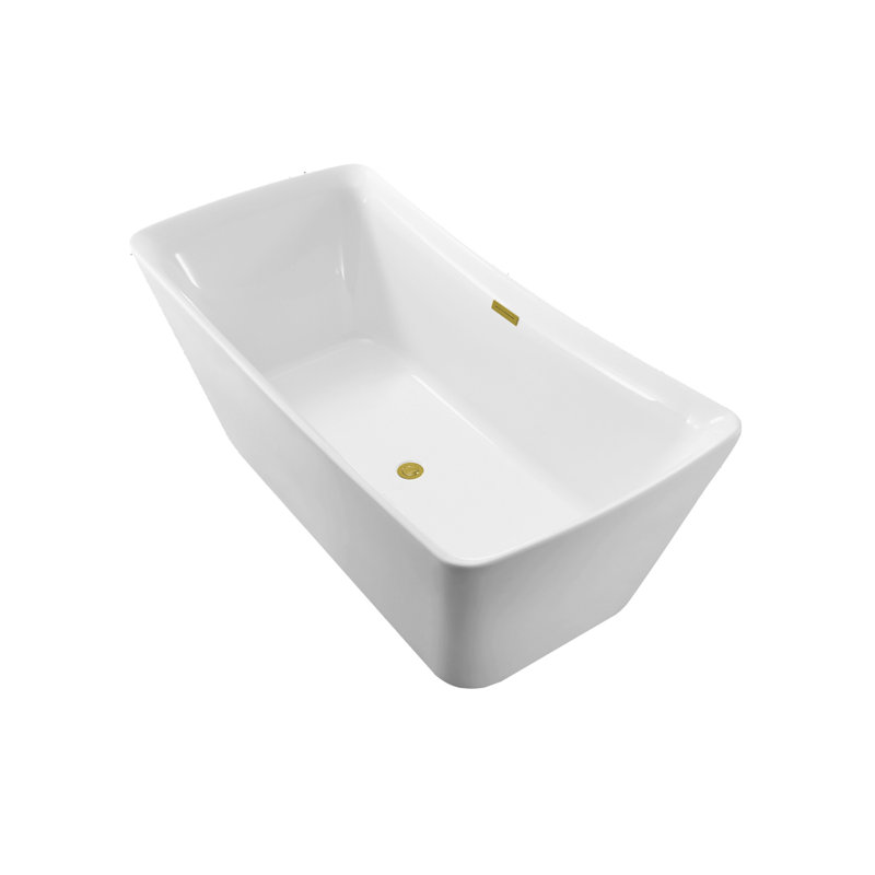 67" Streamline Freestanding Soaking Acrylic Bathtub With Drain and Bamboo Tray, Polished Gold