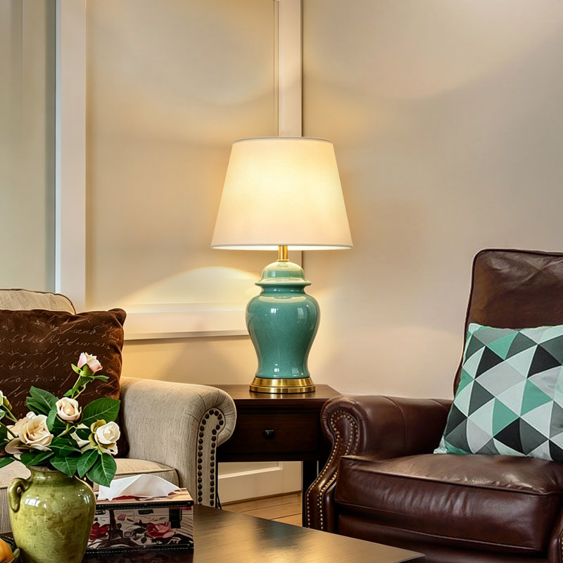 Lampe de table en céramique de 53 cm (21 pouces), lampe de chevet en forme de pot à gingembre à glaçure craquelée avec abat-jour en tissu pour chambre ou salon