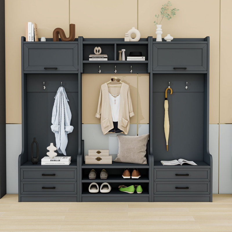 Detachable Hall Tree with Hooks, Drawers & Cabinets, Entryway Shoe Bench with Dividers, Antique Blue