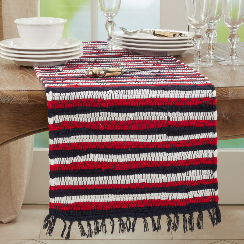 Patriotic Striped Cotton Table Runner with Fringed Edges