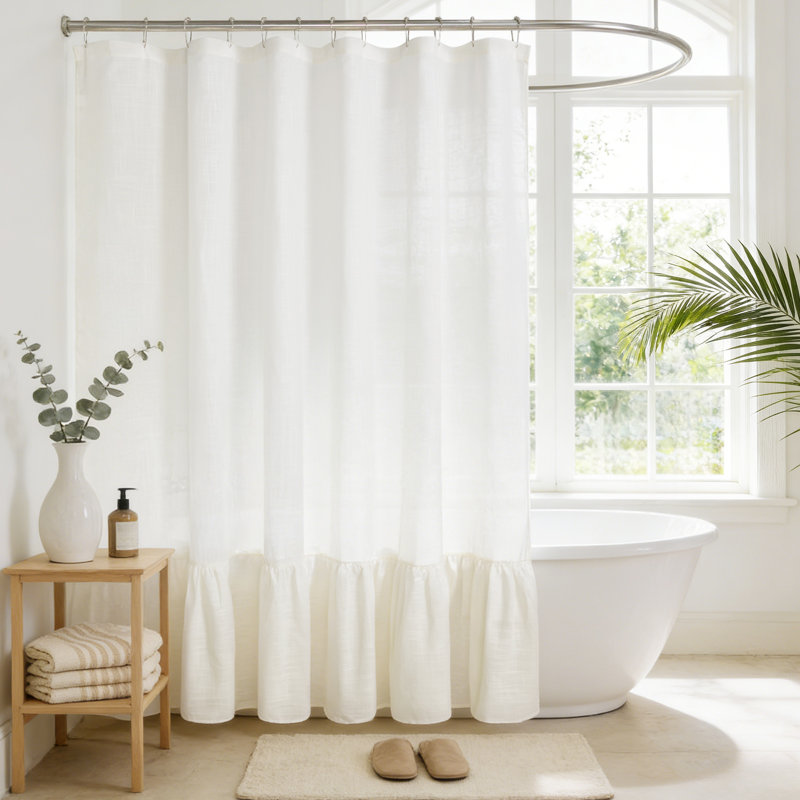 Rideau de douche en mélange de lin avec ourlet à volants, H 72 po x l 72 po, Blanc