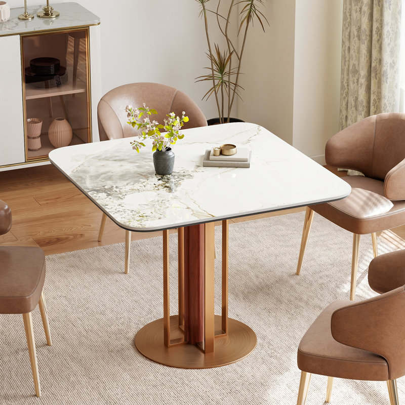 Table de salle à manger carrée de 89 cm (35 po) en pierre frittée blanche avec pied central doré pour 4 personnes, White