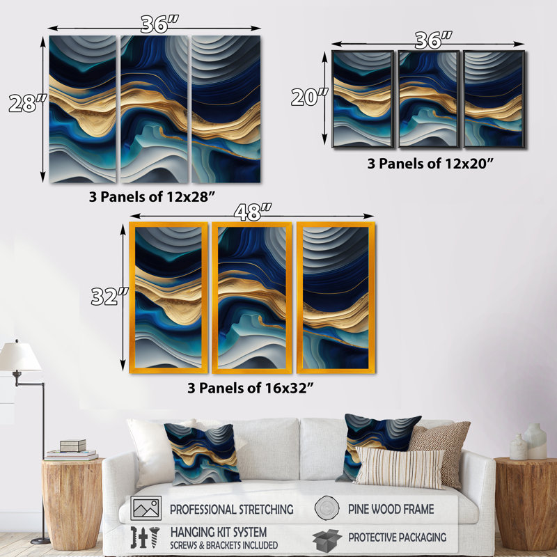 «Devli Vibrant Blue and Gold Agate I», reproduction de cadre flottant sur toile 3 pièces, H 28 po x l 36 po x P 1 po