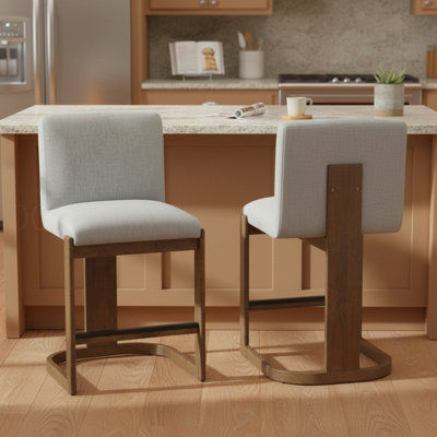 Modern Bar Stools Set Of 2, 24" Solid Wood Counter Height Barstools, Linen Upholstered Kitchen Island Chair With Walnut-Finished Wood Legs For Home Bar Coffee Shop