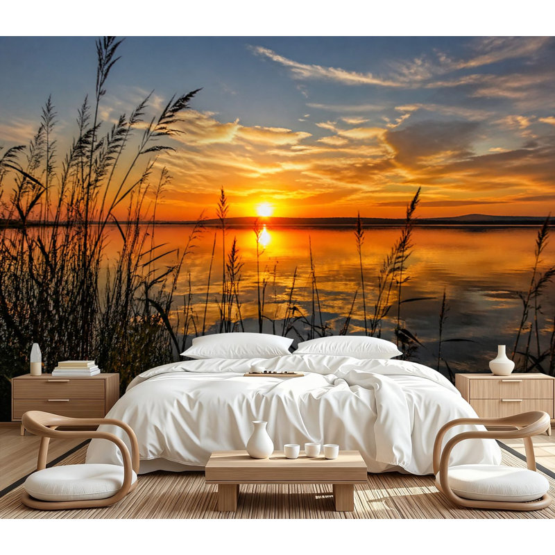 Papier peint adhésif autocollant Sunset Calm Lake Silhouetted Reeds Orange Sky, L 99,6 po x l 144 po