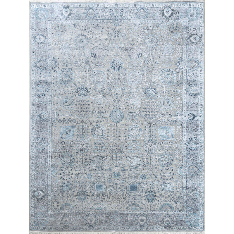 Floral Area Rug in Gray/Light Blue, Rectangle 9' x 12'