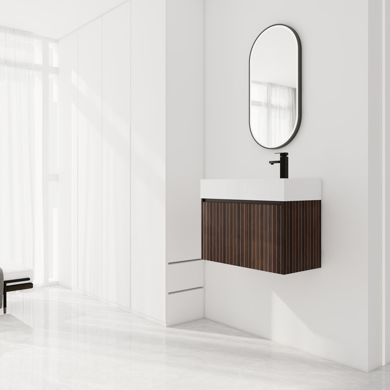 Meuble-lavabo mural moderne avec lavabo en résine pour petits espaces, 30", Argent / rayure brune