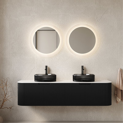 Meuble-lavabo de 60 po avec 2 tiroirs et lavabos en verre noir transparent, pré-assemblé, noir, armoire à rayures 3D, entretien facile des lavabos, fermeture silencieuse des tiroirs