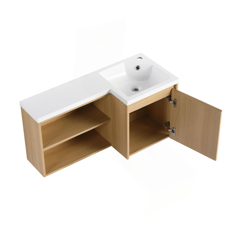 Meuble-lavabo de coin flottant de 36 po avec lavabo intégré en résine gélifiée, meuble-lavabo mural en forme de L, finition chêne clair, porte à fermeture en douceur et tablettes ouvertes, meuble-lavabo moderne peu encombrant