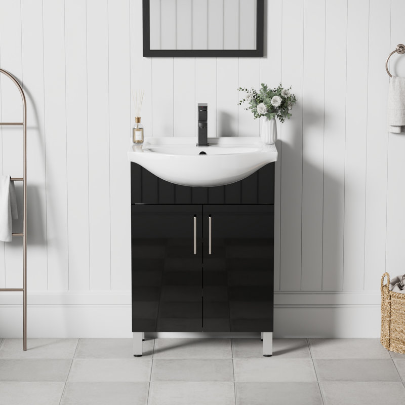 Ensemble de meuble-lavabo simple autoportant 24 po avec lavabo épais en céramique Euro, robinet, Noir