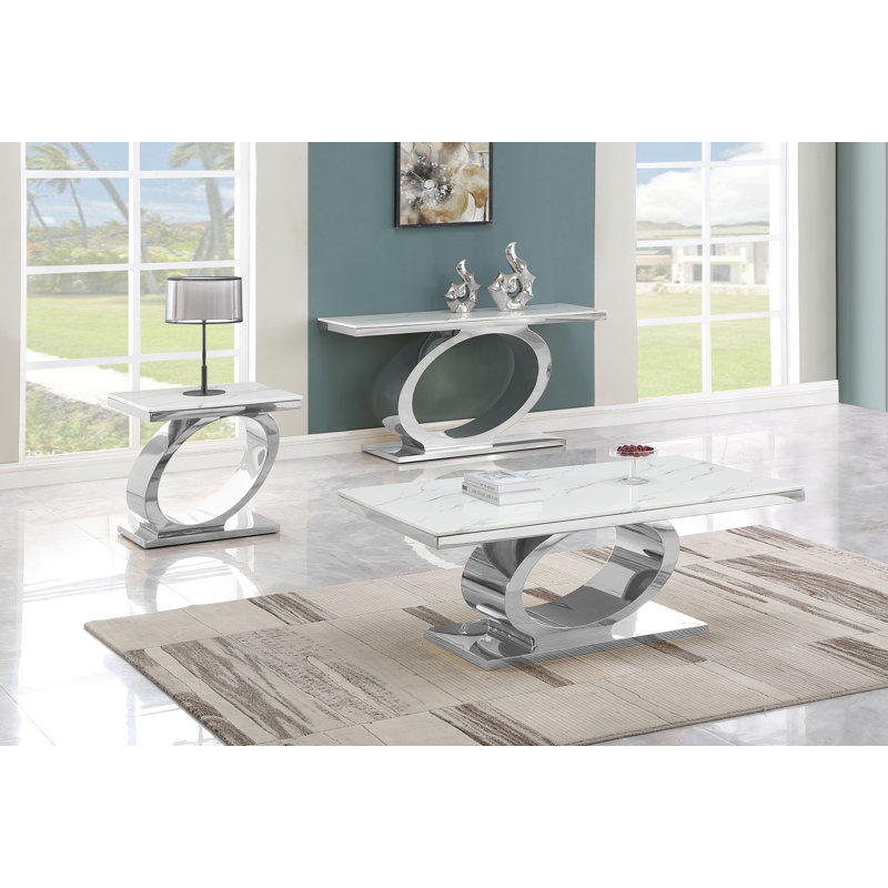 White Marble and Silver 3-Piece Coffee Table Set