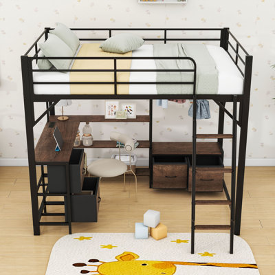 Metal Loft Bed With Shelves And Desk And Drawers And LED And Charging Station