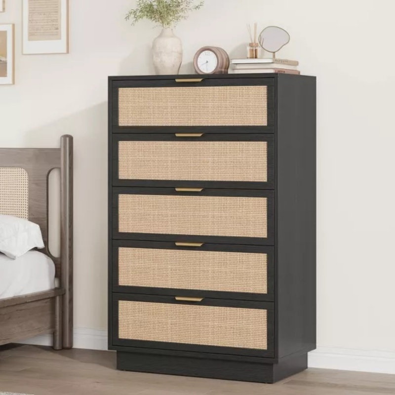 5 Drawer Rattan Dresser, Tall Chest with Metal Handles and Solid Wood Base, Storage Organizer for Bedroom, Living Room, Black