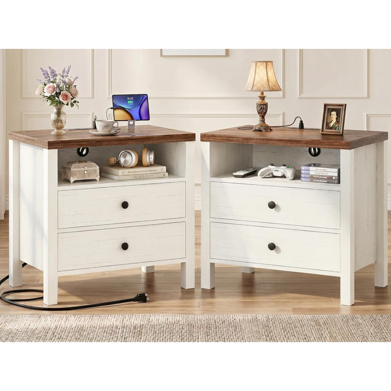 Table de chevet 23,6 po avec station de charge, ensemble de 2, Blanc et brun