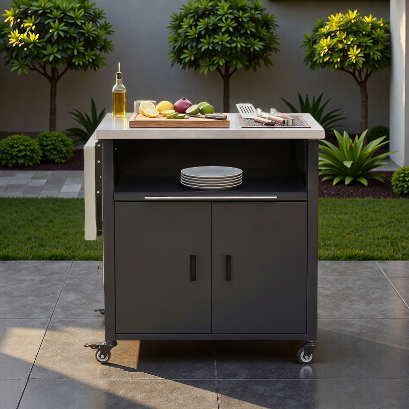 Chariot pour îlot de cuisine pour l'extérieur avec support à déchets, plateau pliable, panneau Lron extensible et espace de rangement