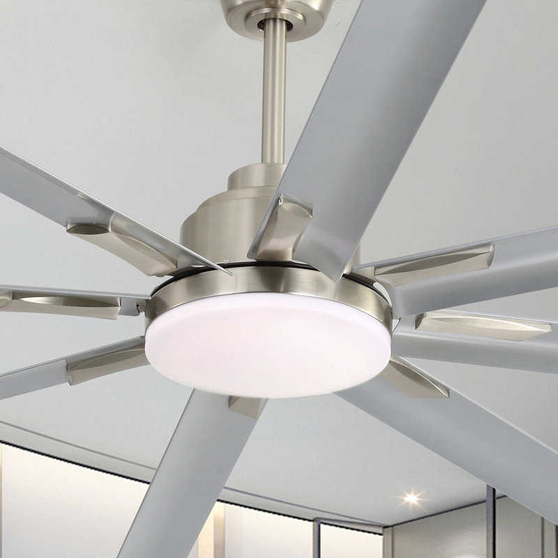Ventilateur de plafond à moteur à courant continu de 84 pouces avec lumière à intensité variable et pales en aluminium argenté à 8 pales