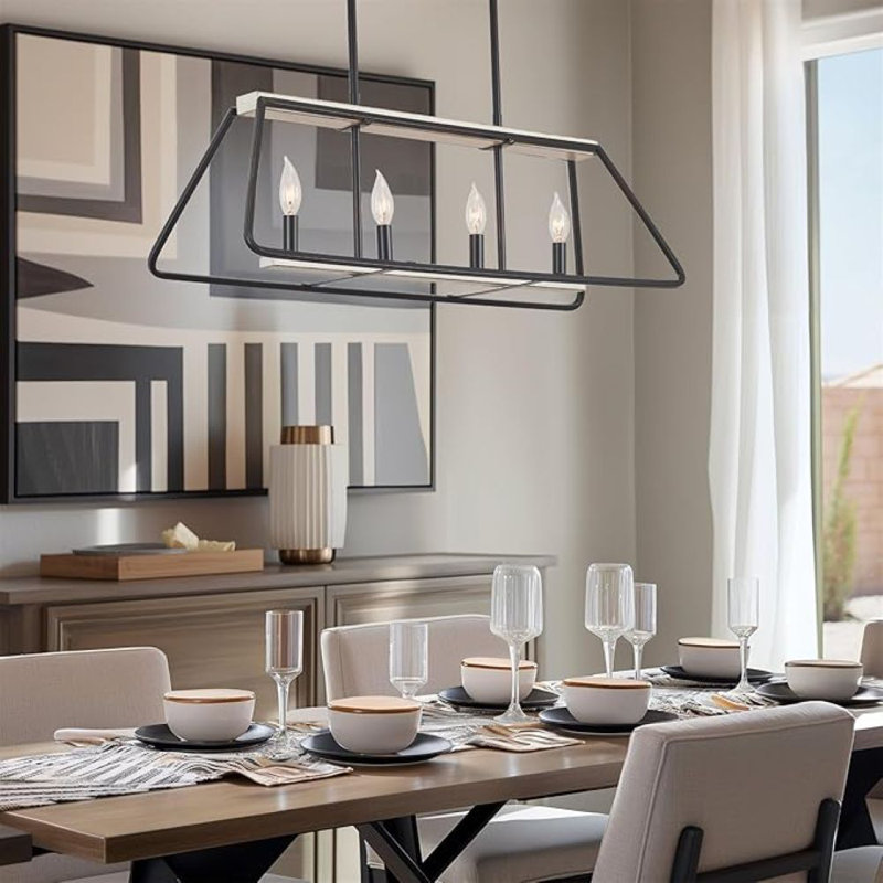Îlot de cuisine de ferme moderne à 4 lumières 32 po, finition noir et bois de frêne blanc