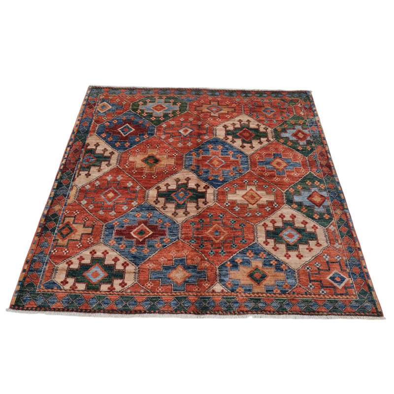 High-Quality Hand-Knotted Red And Navy Area Rug