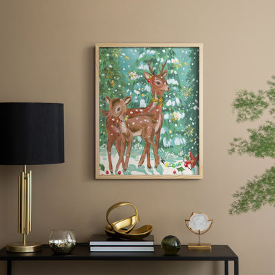 «Doe and Fawn II», reproduction encadrée - bois massif
