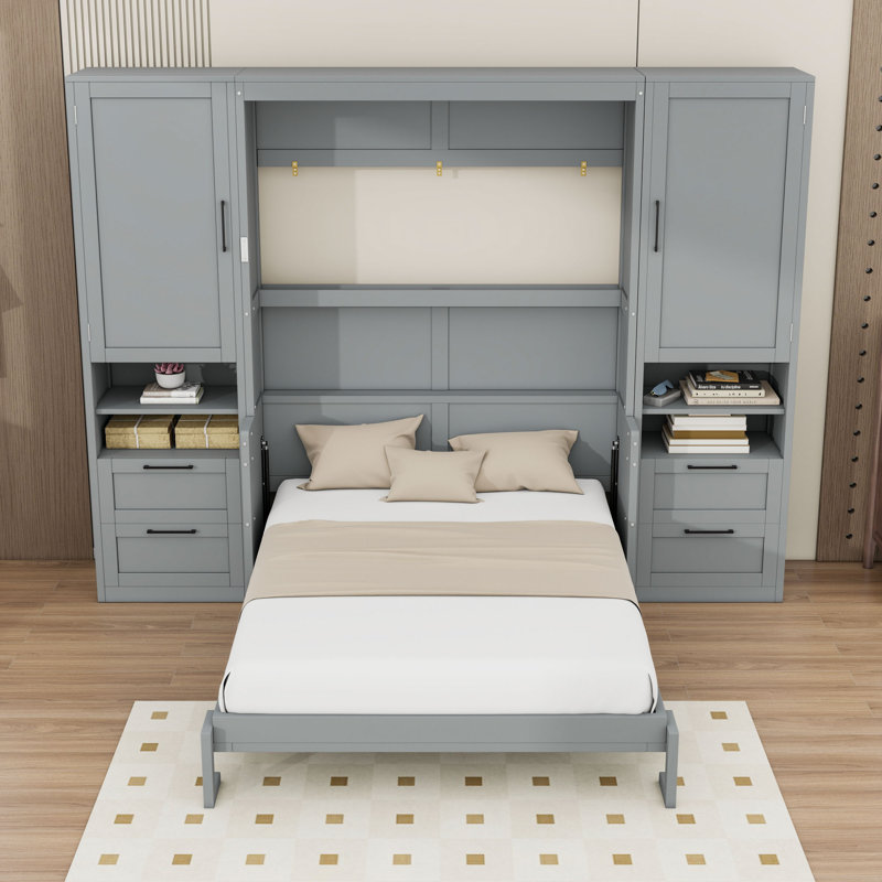 Lit escamotable 4 tiroirs en bois avec placard et tablettes, gris