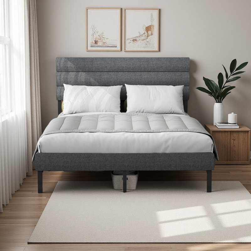 Structure de lit plateforme tapissier - avec tête de lit, aucun sommier nécessaire, rangement sous le lit 14 po, Gris