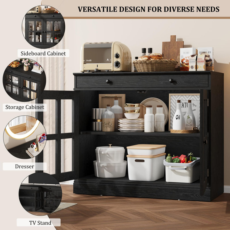 35.4 in Sideboard Buffet Cabinets with Glass Door, Buffet Cabinet with Storage, White Sideboard Cabinet with Drawer, Black