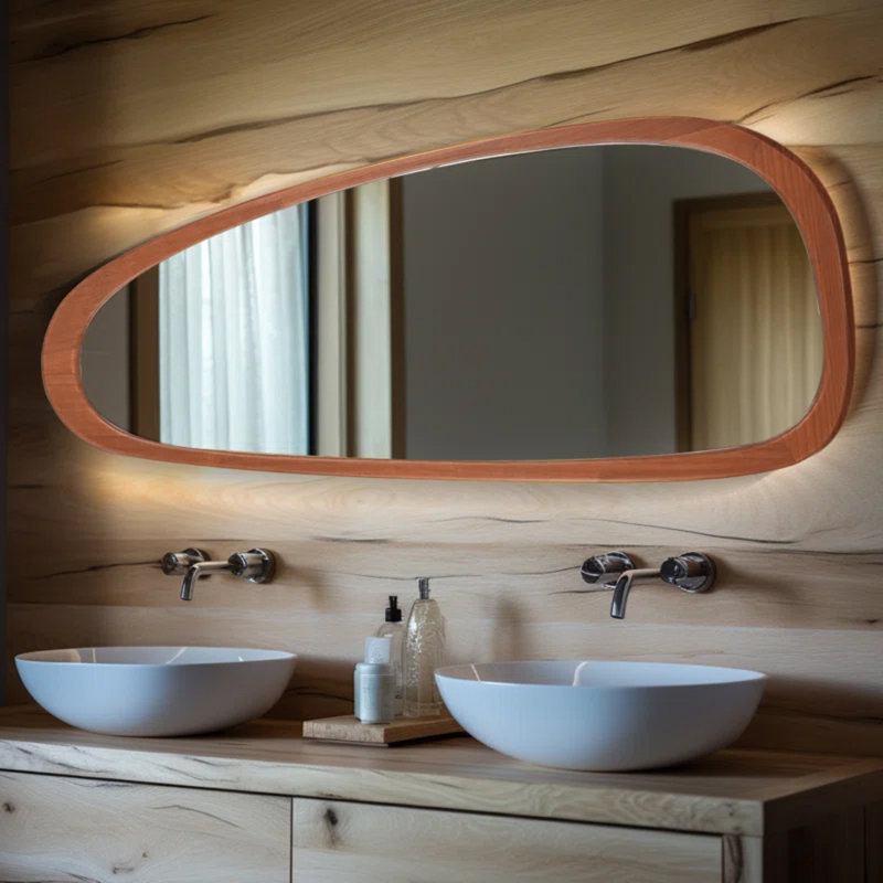 Doruk Irregular Wooden Bathroom/Vanity Mirror, 48" x 22", Walnut