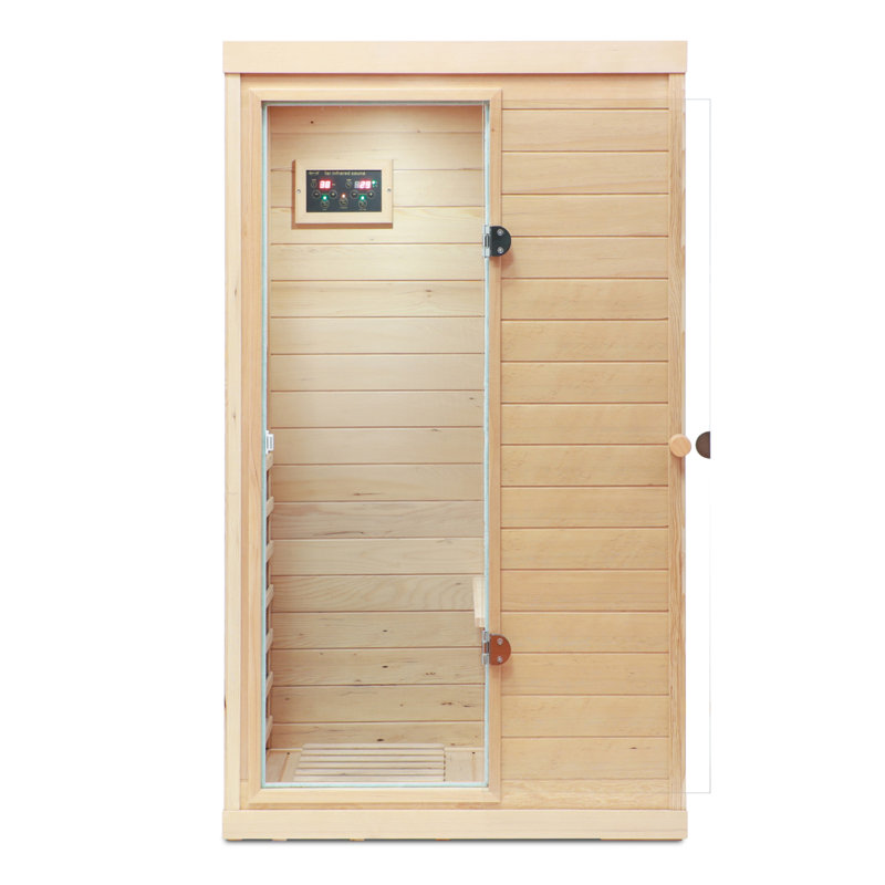 Hemlock Mini One Person Far Infrared Door On The Left Of The Indoor Sauna Room, Natural, Right