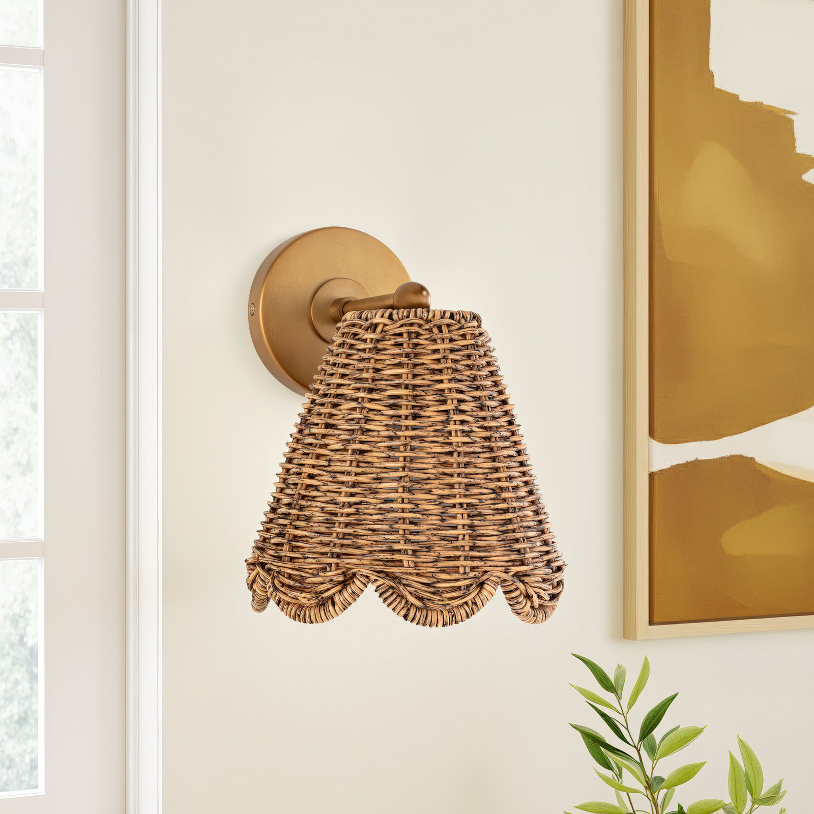 Kismet Single Light Dimmable Armed Sconce, Natural Brass