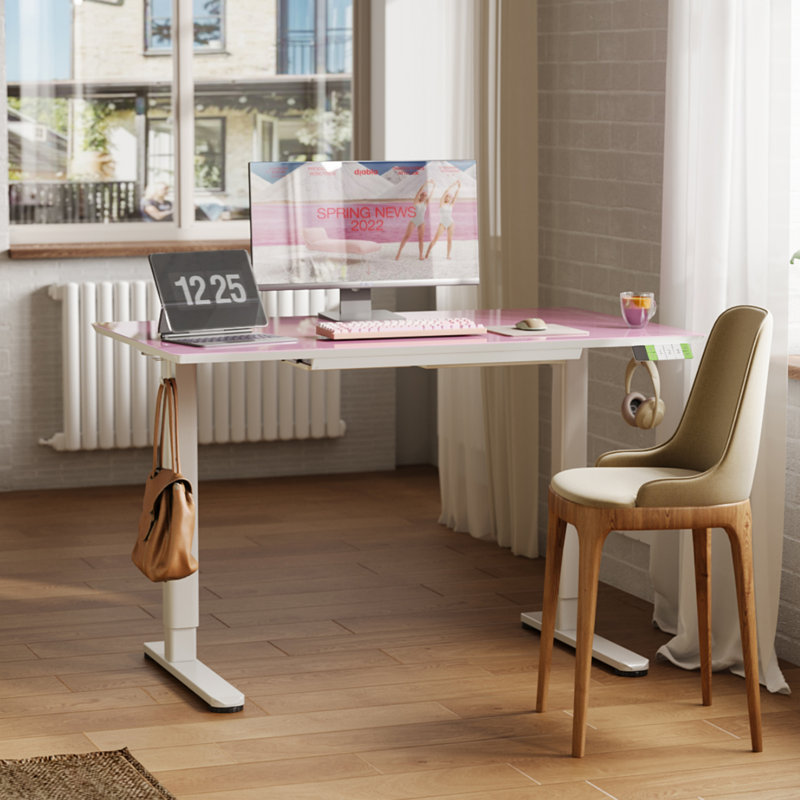 Bureau debout en verre trempé avec tiroir et crochets Omeed Home Office, H 46,4 po x l 48 po x P 24 po, Bleu / blanc