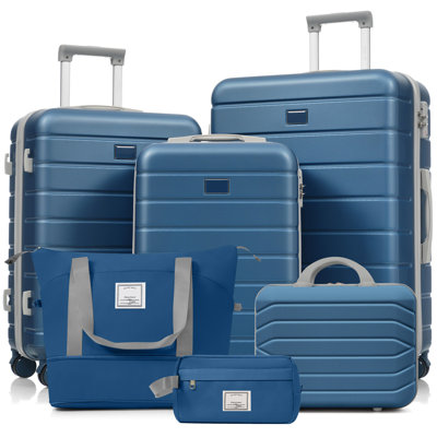 6-Piece Hardside Luggage Set with TSA Lock, 14/20/24/28 Inch Spinner Suitcase Set with Expandable Travel Duffel Bag & Waterproof Toiletry Kit, Adjustable Handle ( blue) 