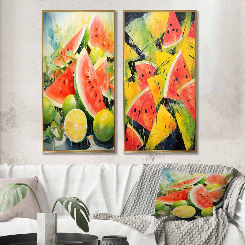 «Red Vibrant Melon Palette I», ensemble d'art mural sur toile Melon, Cadre flottant doré, H 32 po x l 33 po