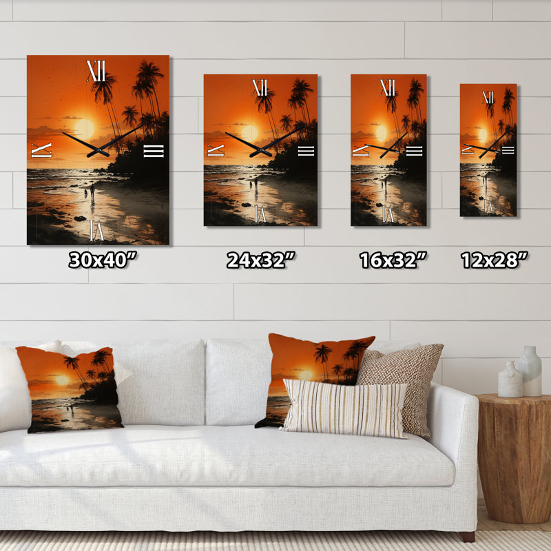 Beach Silhouettes Sunset II - Horloge murale moderne nautique et de plage, H 40 po x l 30 po x P 1 po
