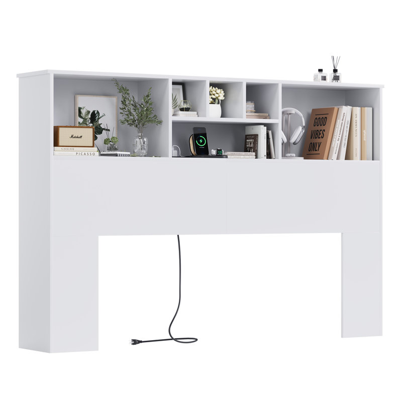 Modern Wooden Bookcase Headboard with Adjustable LED Lights & Charging Station – Queen & King Sizes,, QUEEN, White