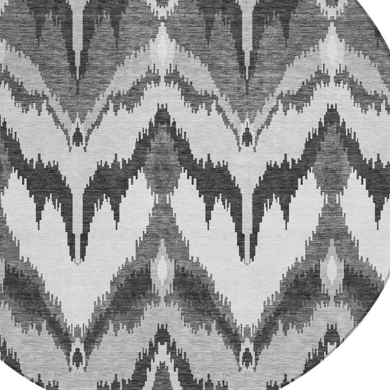 Tapis rond gris lavable intérieur ikat 8 pi