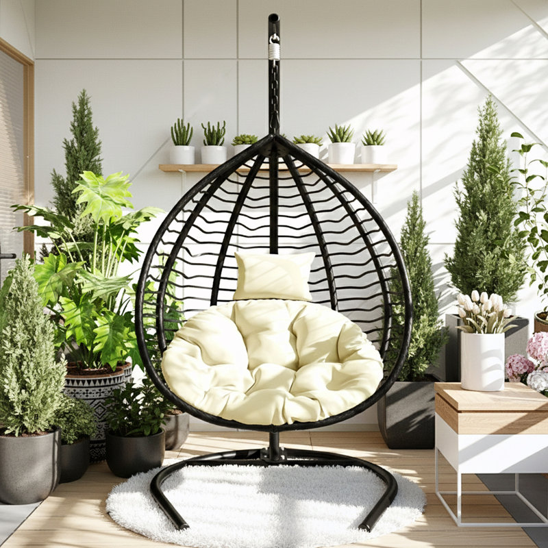 Chaise hamac pliable avec support avec coussin moelleux et appui-tête amovible, Noir, Beige