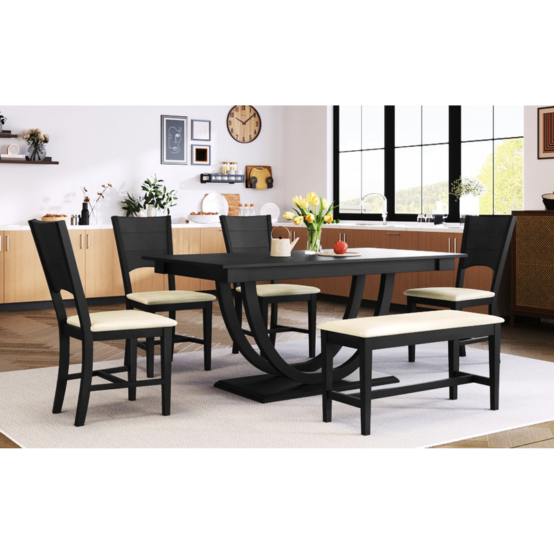 Ensemble de salle à manger 6 pièces en bois massif gris moderne, table rectangulaire, 4 chaises et banc avec dossier en forme de voûte