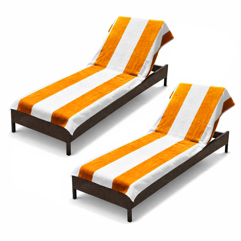 Superior Cabana Striped Cotton Standard Size Towel/ Chaise Lounge Chair Cover Set, Orange, Beach Towel - 2 Pack